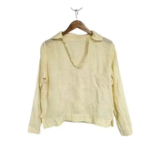 CP Shades Yellow Linen Embroidered Long Sleeve V-neck Boxy Oversized Top Size XS - Picture 1 of 7